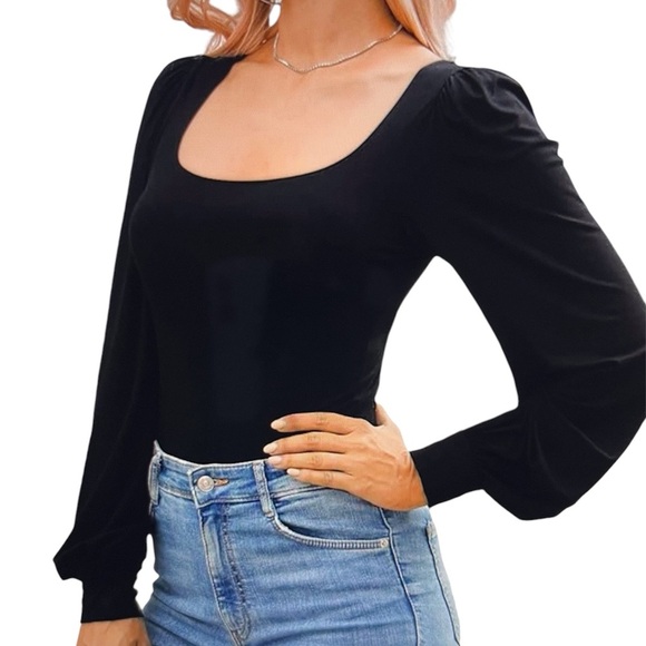 Black Square Neck Puff Long Sleeve Bodysuit Size: XXL - Picture 1 of 5